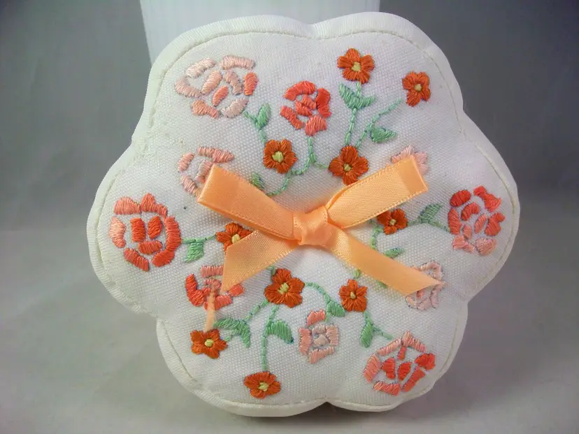 Hand Embroidered Shades of Orange Flowers Pillow Style Flower Shape Pincushion 4.5"