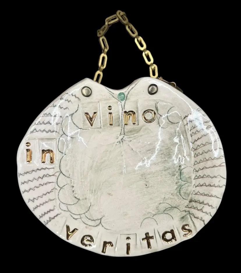 Signed Studio Art Pottery Wall Hanging Plaque Sign In Vino Veritas Wine Truth
