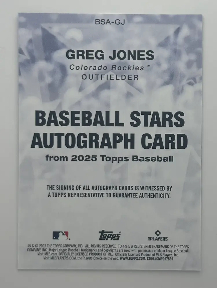 Greg Jones Topps Certified Autograph Rockies RC