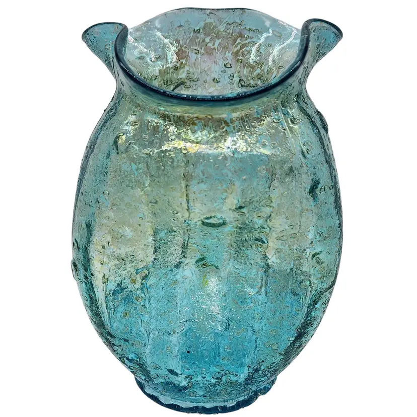 Vintage Dugan Aqua Frit Triple Pinched Vase Interior Ribbed Optic Ruffled Top 6"