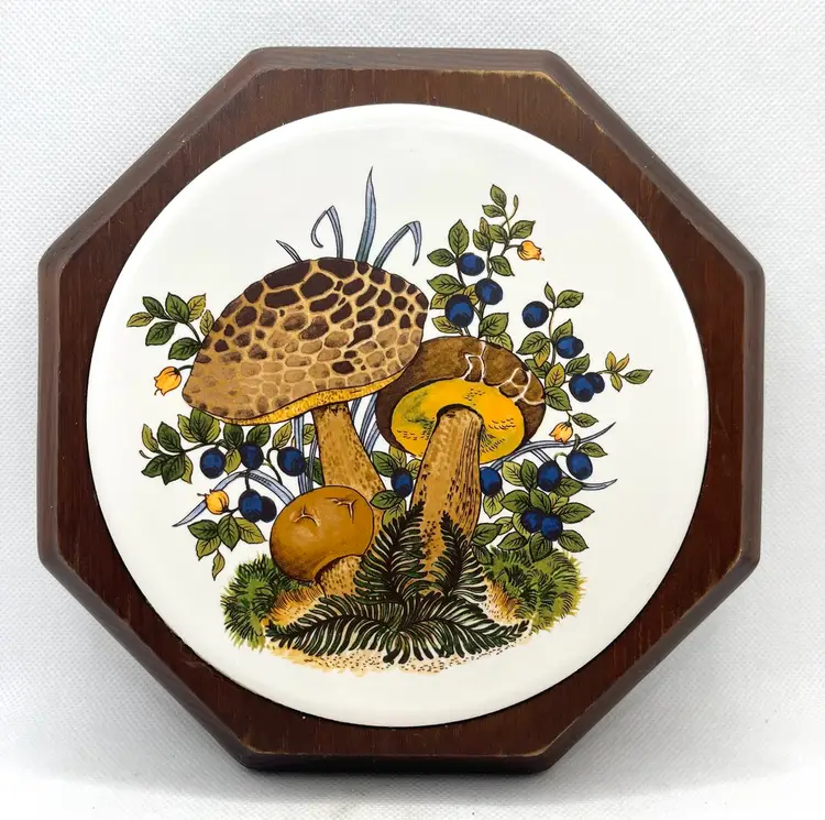 Vintage Ceramic Mushroom Round Tile On Wood Octagon Trivet , Wall Hanging