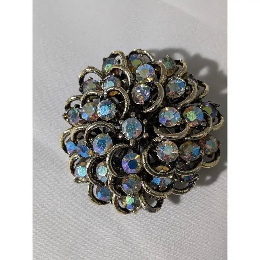 Vintage Aurora Borealis Rhinestone Gold Tone Brooch - Layered Design - No Markings