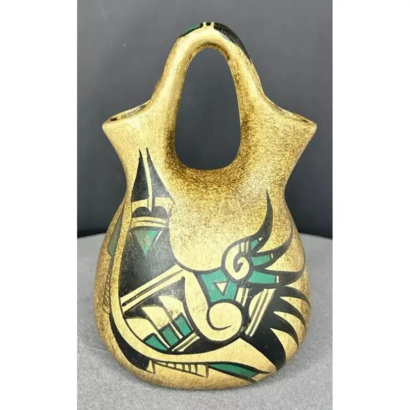 Vintage Mexican Folk Art Turquoise & Black Wedding Vase Signed R Galvan Mex