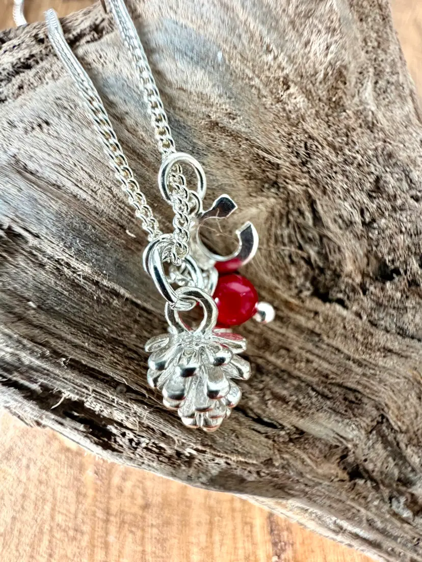 Silver Pine Cone Pendant With C Initial And Hand Wire Wrapped Ruby