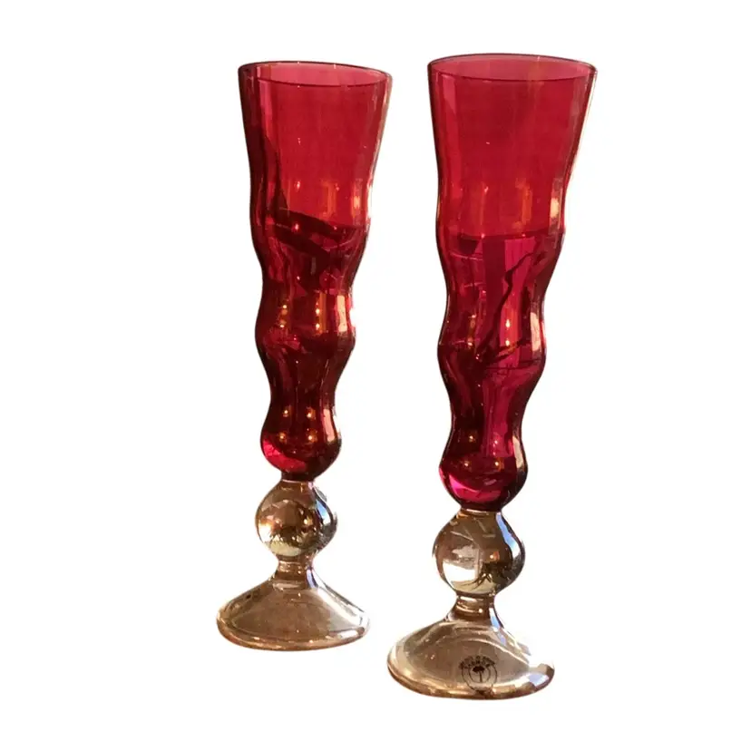 Pair Of Bombay Glass Cranberry Red Iridescent Champagne Flutes