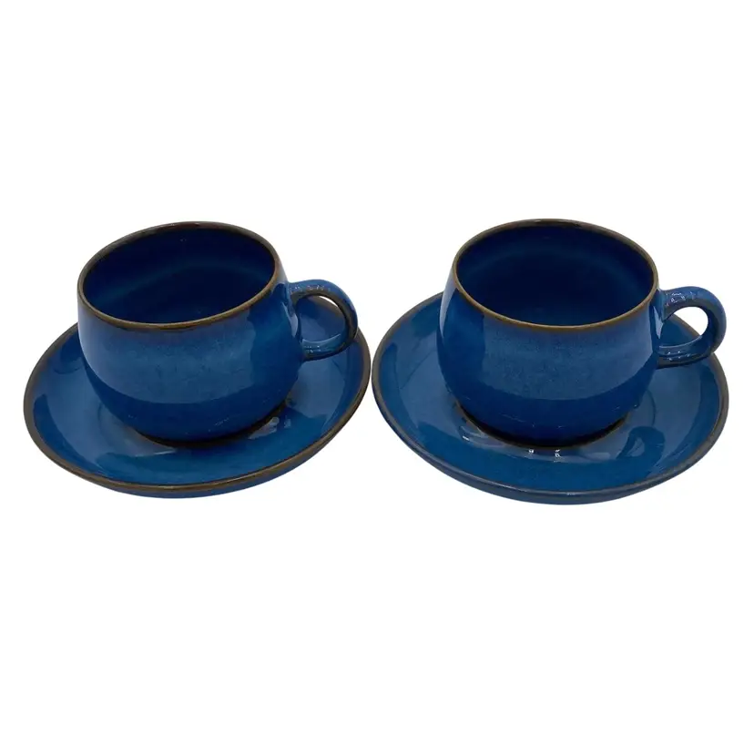 2 Vintage Denby Authentic English Handmade Stoneware 'English Blue' Cup & Saucer
