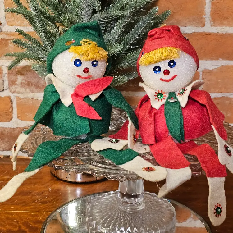 Vintage 1960s Styrofoam Head Felt Elf Dolls Pair Retro Christmas Pixies Knee Hugger Style Handmade Holiday Decor