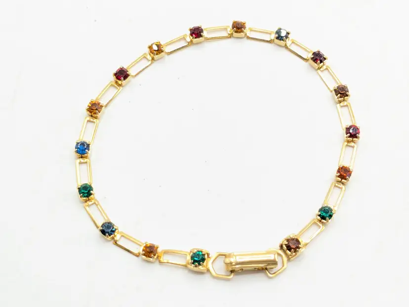 Vintage Colorful Rhinestones Link Bracelet Gold Tone