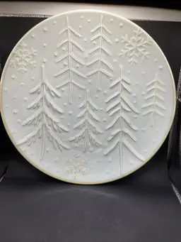 Beautiful White Raised Ceramic 11 Inch Winter Platter Trees And Snowflakes