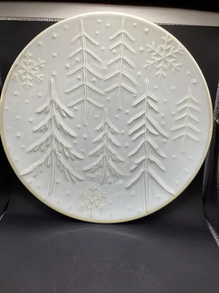 Beautiful White Raised Ceramic 11 Inch Winter Platter Trees And Snowflakes