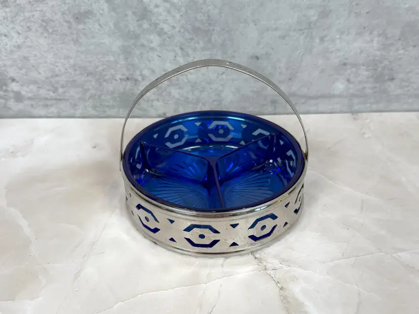 Vintage Relish Dish - Cobalt Blue Divided Glass Bowl with Silver Metal Carrier - Mid Century Modern Snack Tray - Retro Appetizer Server
