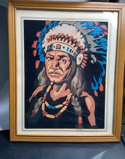 Vintage 9 x 11 Framed Paint by Number on Velvet Native American Chief