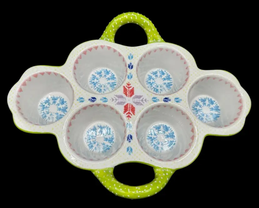 Anthropologie Colorful 6 Cup Cupcake Muffin Pan Stoneware Handles Polar Glaze