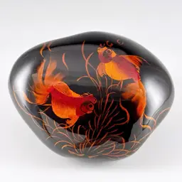 Ten Thousand Villages Black Lacquered Orange Foil Goldfish Stone Paperweight Vietnam