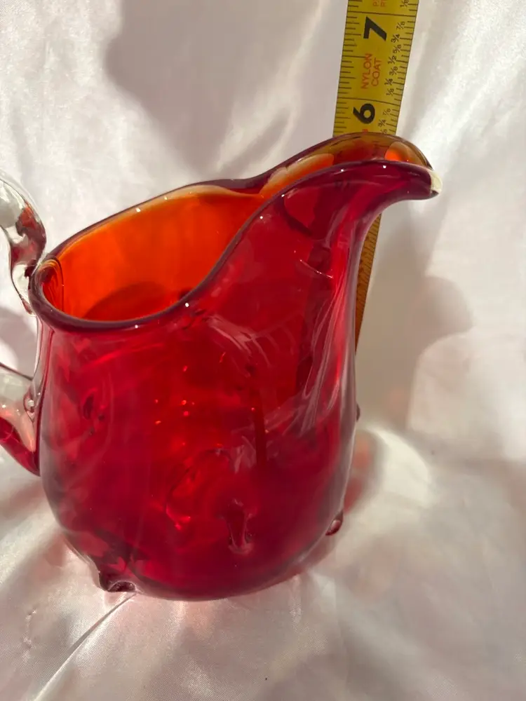 Vintage Hand Blown Red glass Pitcher Clear applied Handle