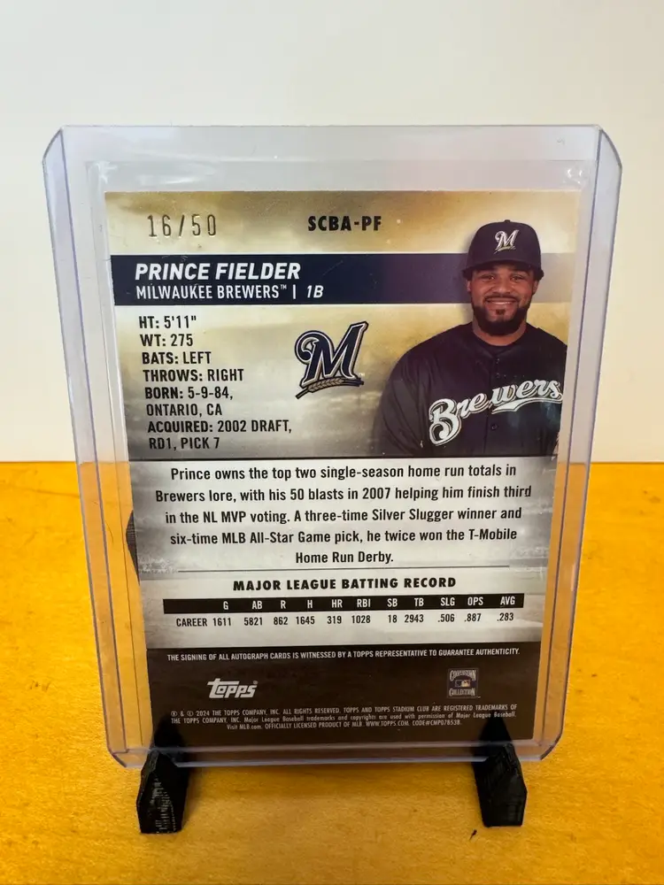 Prince Fielder 2024 Topps Stadium Club On-Card Auto Red 16/50 - Milwaukee Brewers