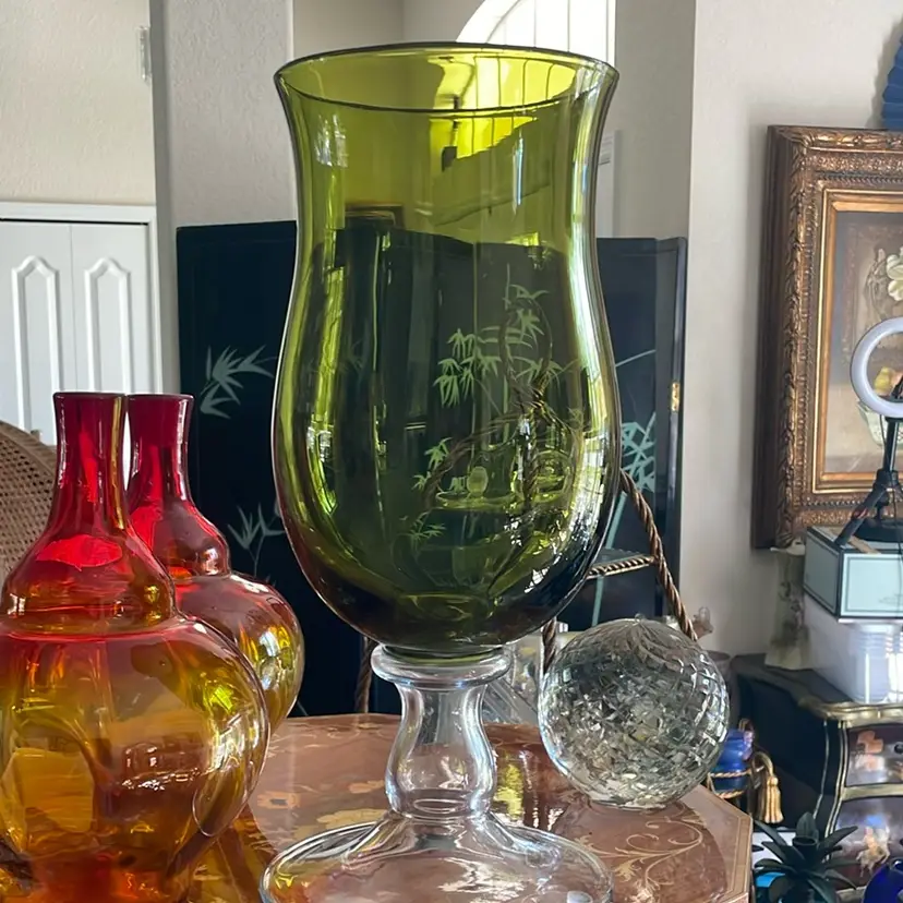 Avocado Green Hurricane Vase On Stand