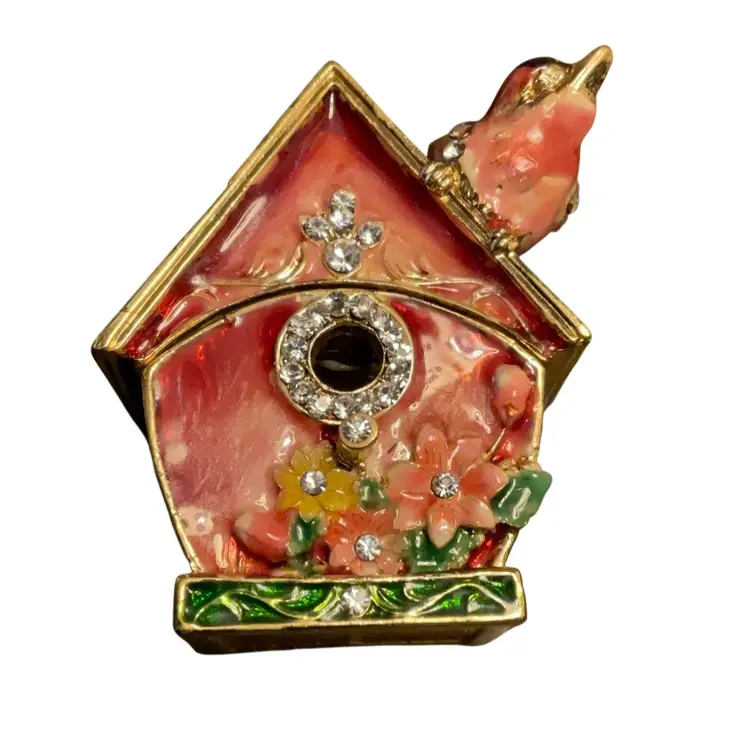 Ciel Bird House Trinket Box Enamel w/Austrian Crystals 2”x 1.75”