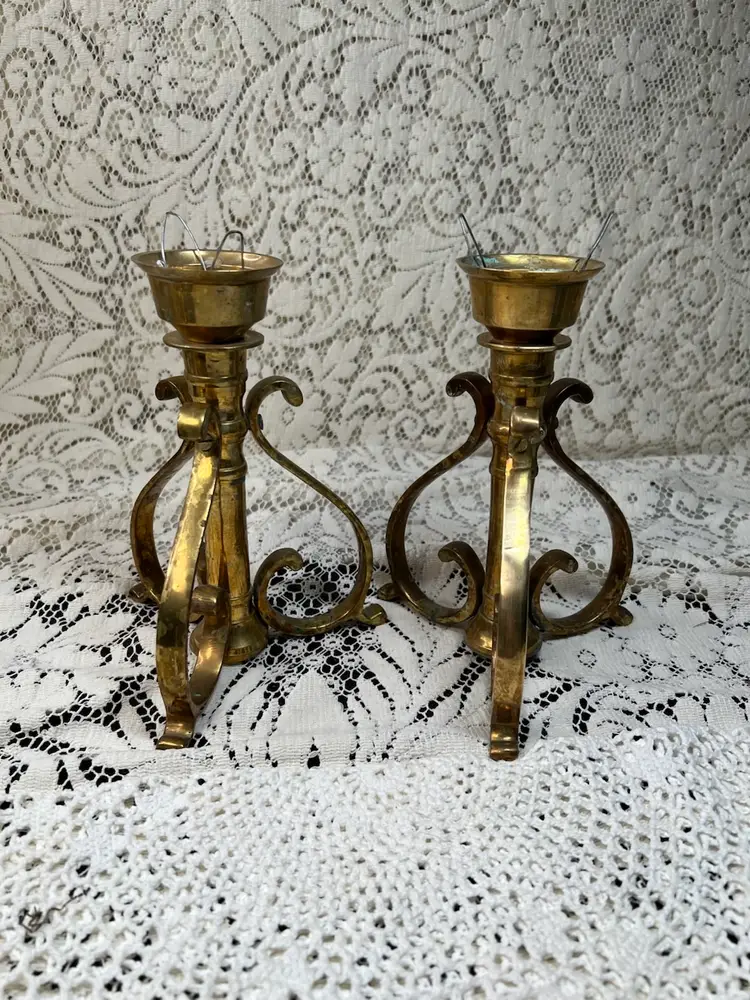 005  A Pair Of Solid Brass Scrolled Art Nouveau Candlestick Holders 7.75" X 6"