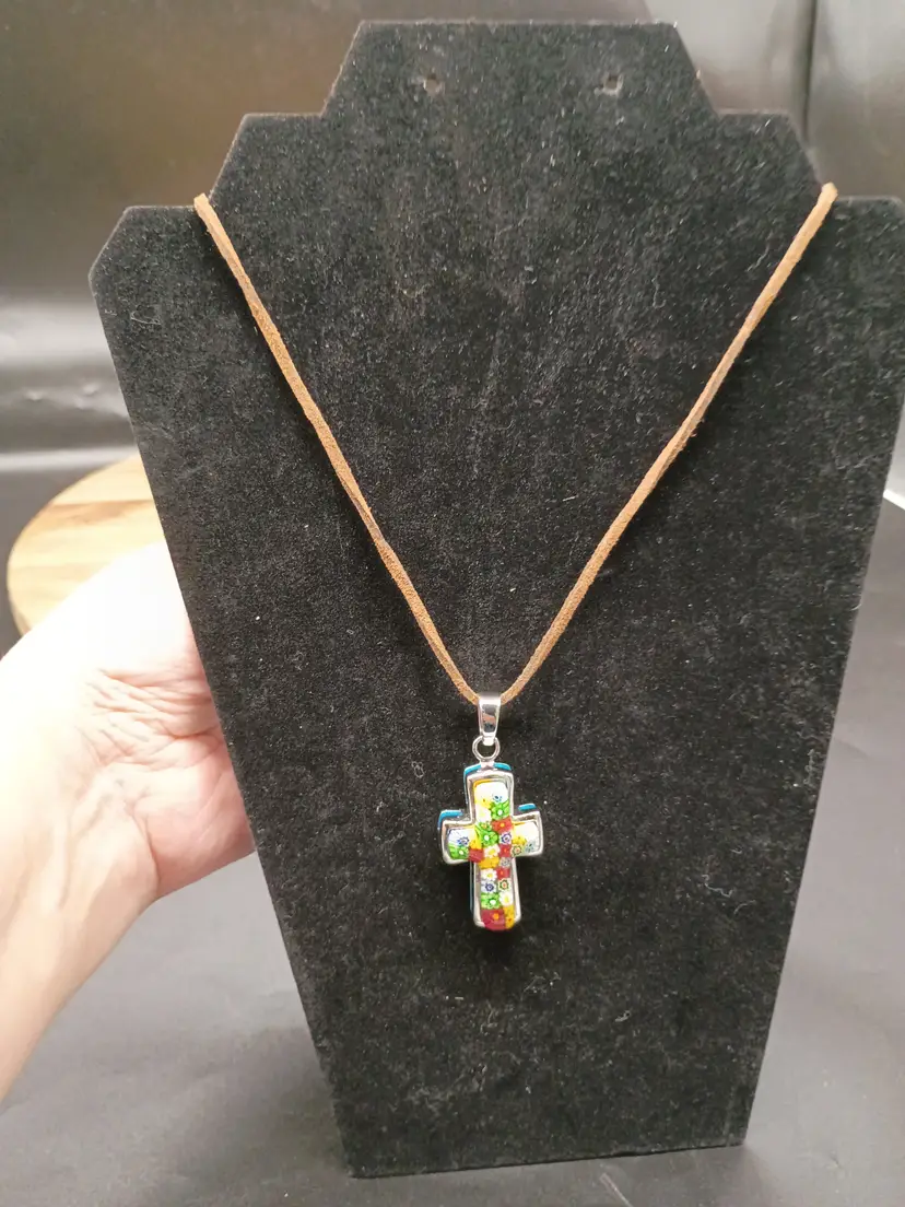 Hand Made Stainless Steel Cased Millefiori Glass Cross 20" Leather Cord Necklace