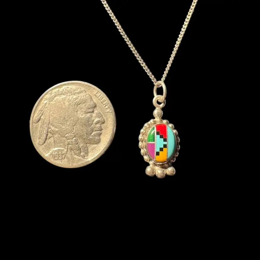 Sterling silver multi-color inlay pendant, similar to designs by Zuni