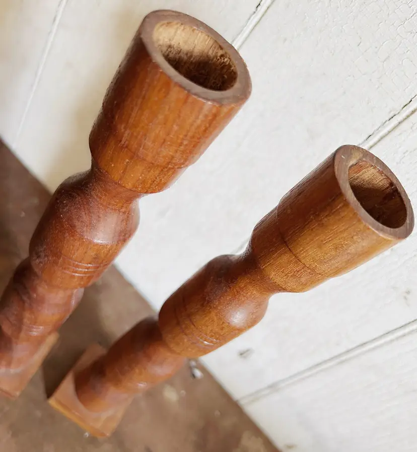 Pair Of Wood Turned Candlesticks Vintage Tall Thin Mid Century Decor