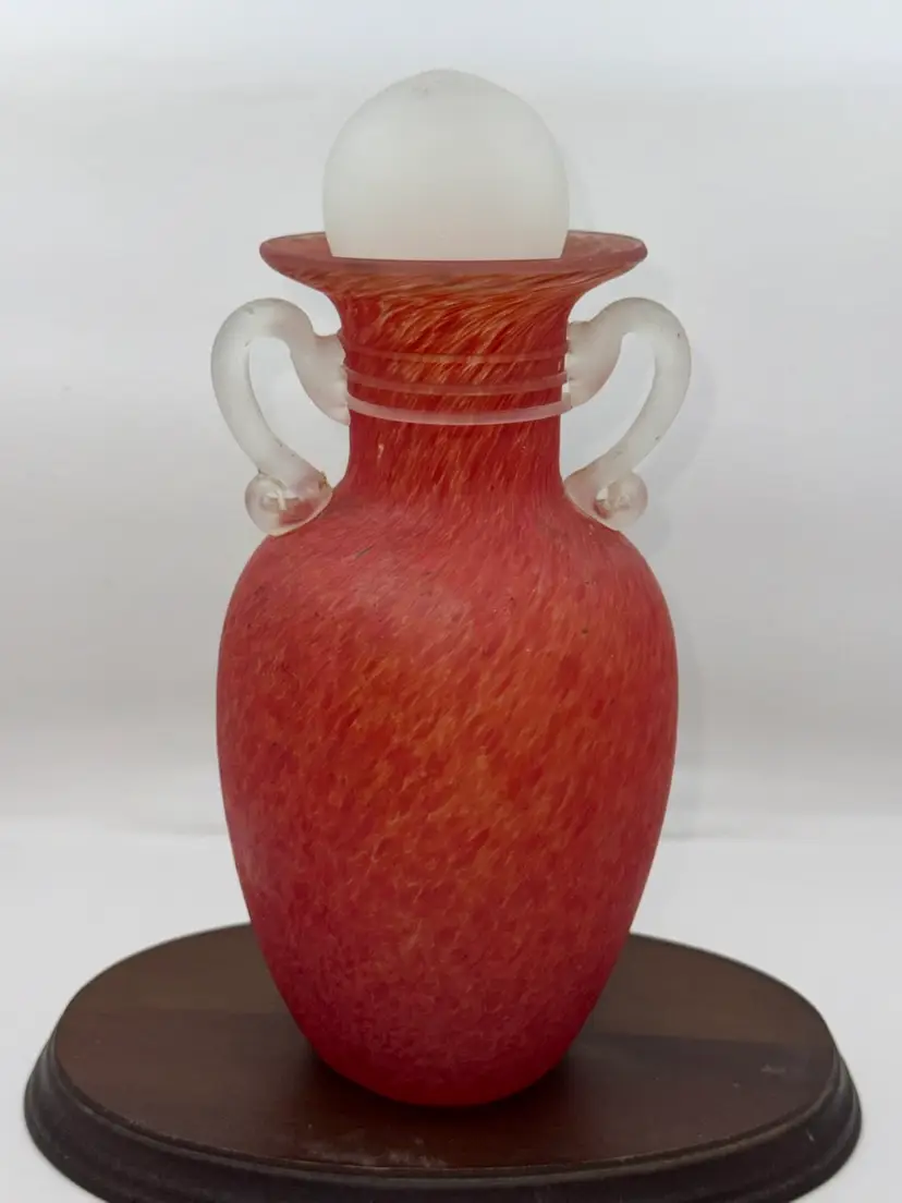 Pier One Orange Confetti glass amphora vase with speckled design and stopper, 9.5”x4”, 8” Tall Without Stopper.