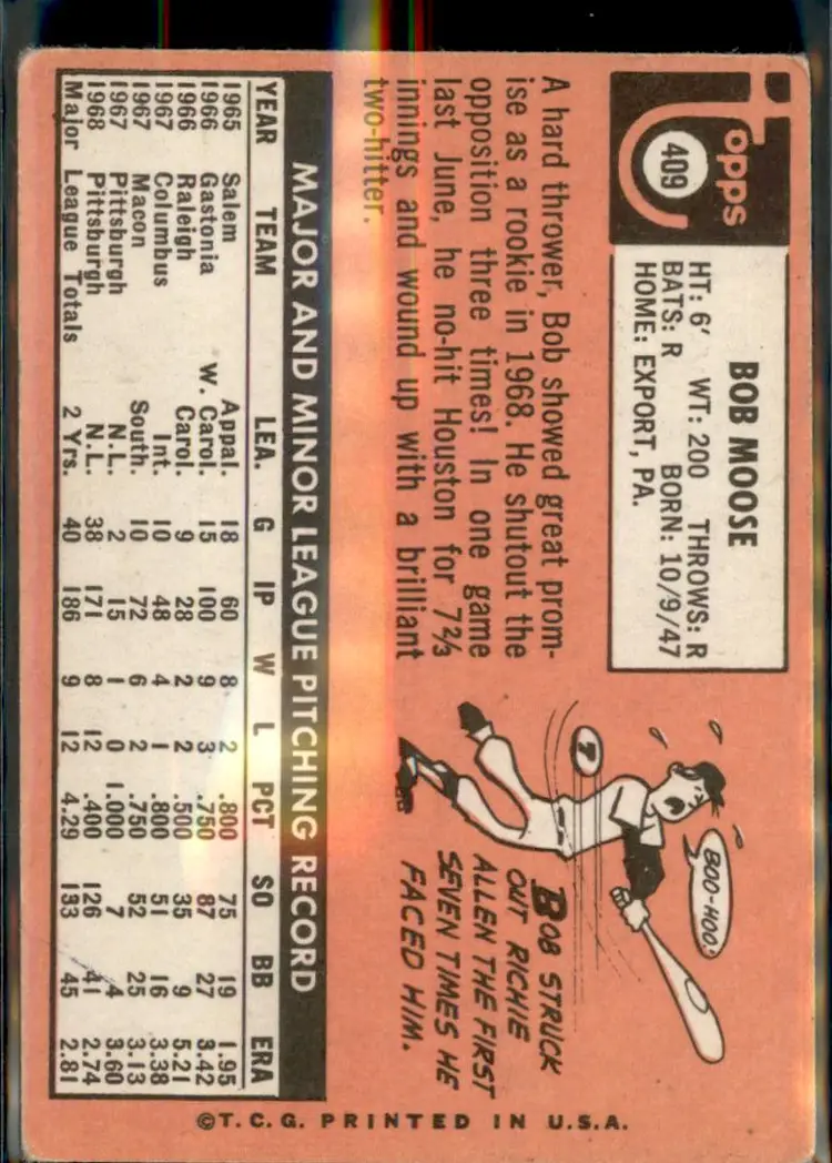1969 Topps #409 Bob Moose - (pk3) - Pittsburgh Pirates