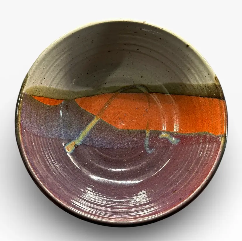 Hanselmann Pottery Large Serving Bowl - Signed, Purple Orange Blue 9” Vintage