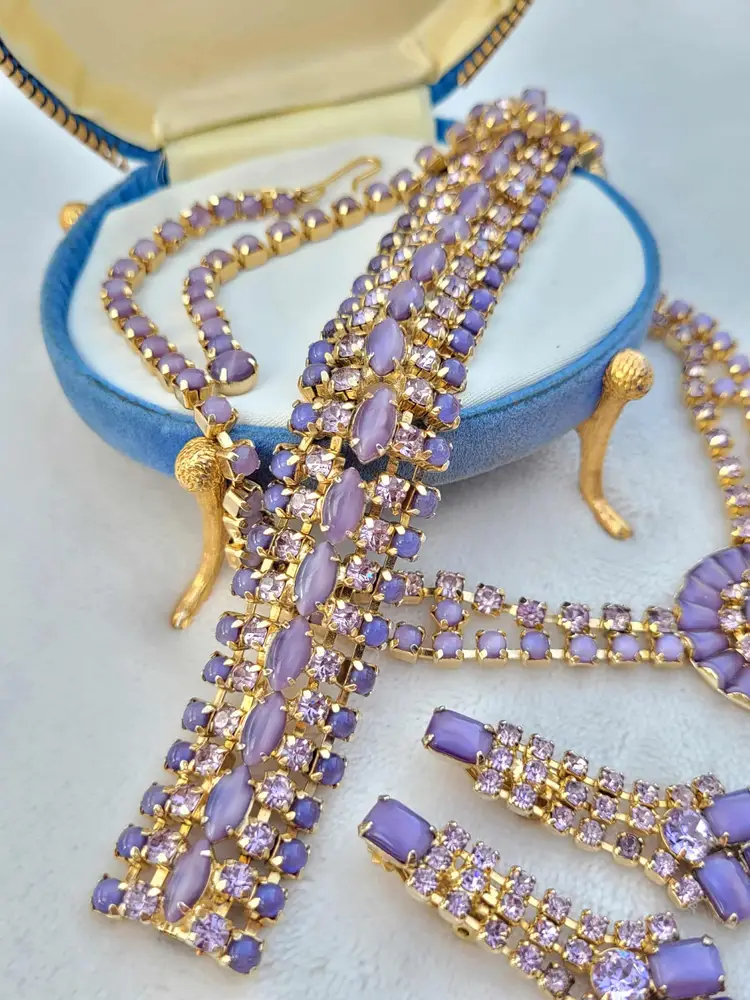 Vtg Joseph Warner Purple Moonglow Demi Parure Necklace Bracelet Earring Set