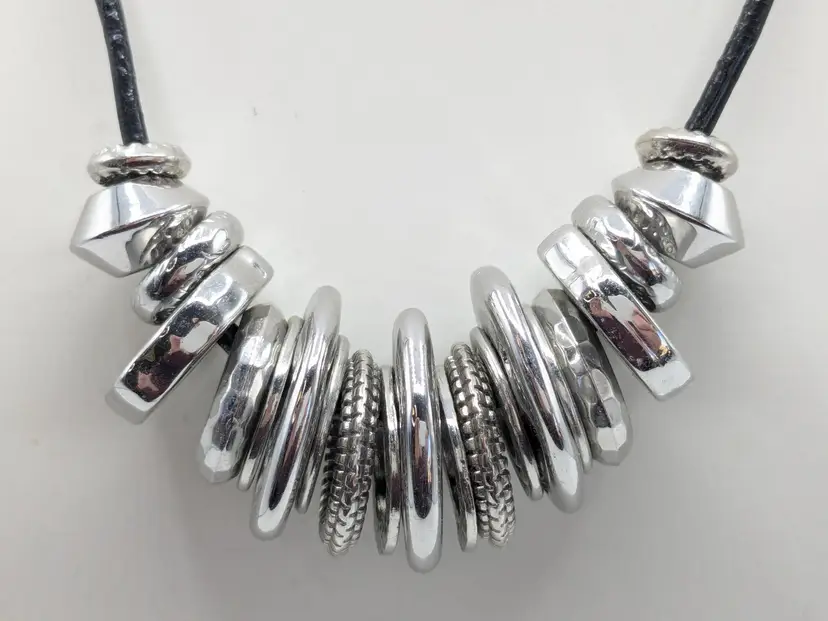 Chico's Chunky Silver Tone Beaded Disc Necklace
