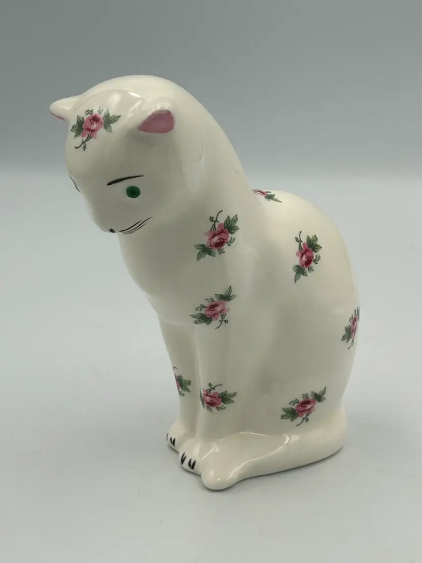 Vintage Porcelain Cat Figurine, Pink Floral Rose Design, England