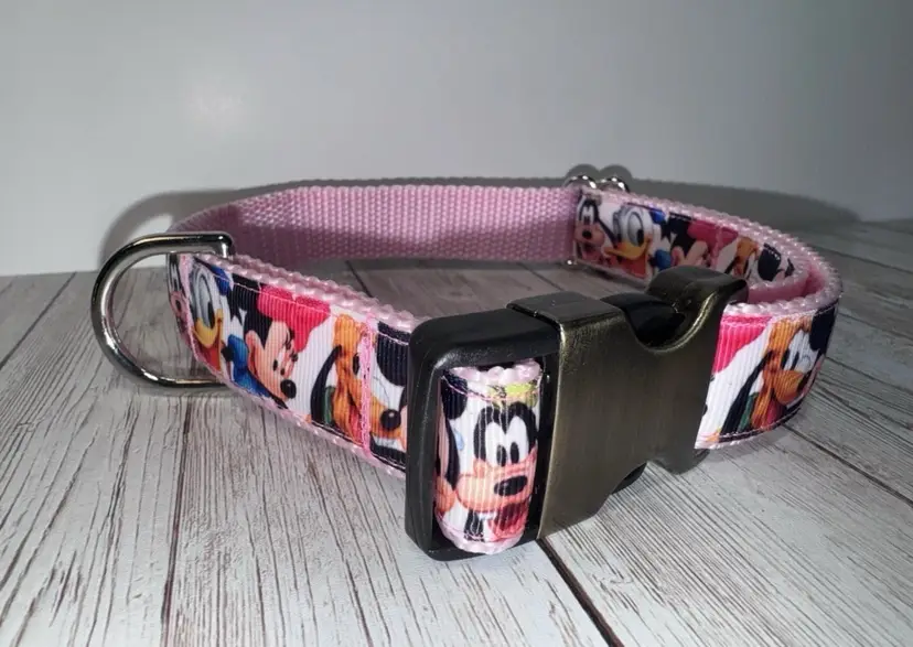 Dog Collar Pink Disney Mickey Minnie Large Handmade Heavy Duty W/Buckle NEW