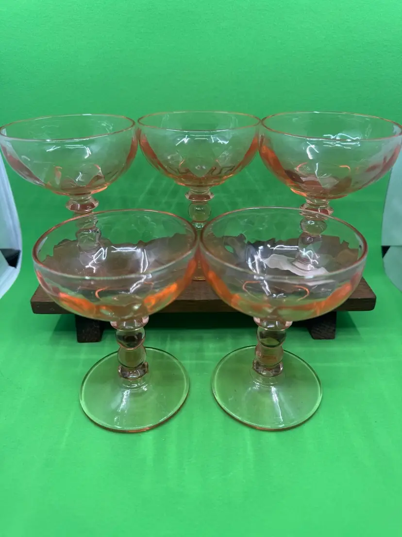Set Of 5 1930s Heisey Flamingo Cocktail Glasses, 4.5”