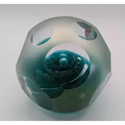 Vtg Brian Maytum 1992 Art Glass Paperweight Iridescent Blue Swirl Faceted Signed