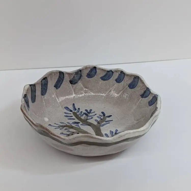 Studio Pottery Key Bowl Trinket Dish Scalloped Shallow Blue Brown Signed KT