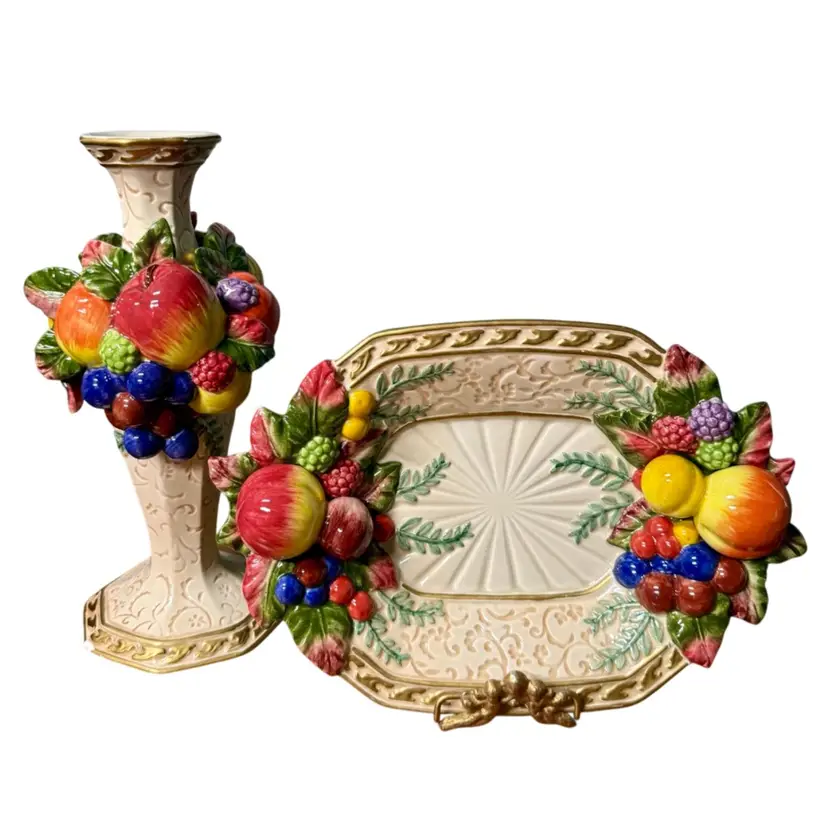 FITZ AND FLOYD Venezia Small Candy Nut Dish & Vase 3D Fruit | 2 pc | AS IS READ