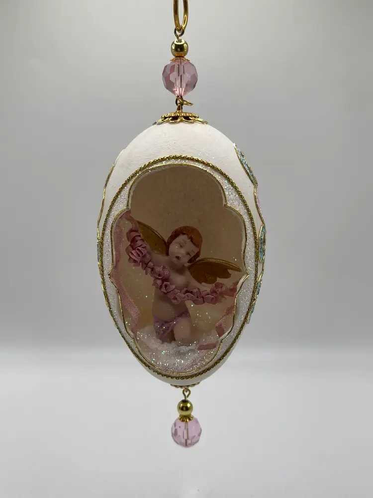 Vintage Christmas Mid Century Diorama L Embellished Egg Pink Angel Elegant Ornament