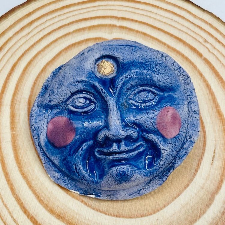 Hand Crafted Moon Celestial Face Pin Brooch Hand Painted