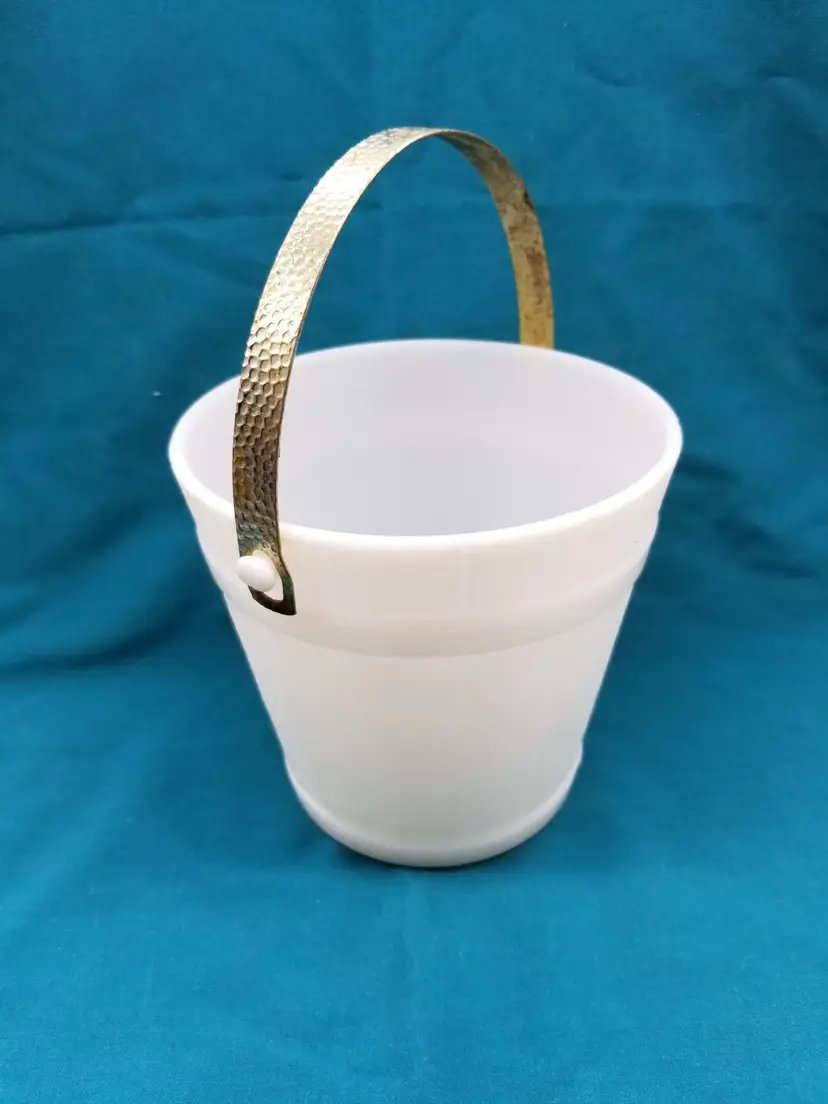 Vintage Hazel Atlas Milk Glass Oak Barrel Ice Bucket