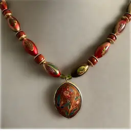 Vintage Cloisonne Butterfly and Flower Pendent Necklace with Carnelian and Hand Painted Traditional Beads