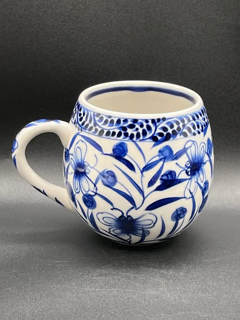 #17 Vietnamese Bat Trang Blue Dragonfly Toasty Morning Bulbous Pottery Mug 4.5”