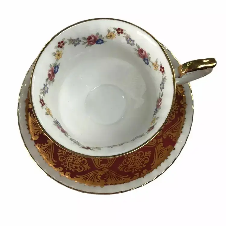 Paragon Tea Cup & Saucer Red Gold Gilt Design Floral Flower Pembroke England