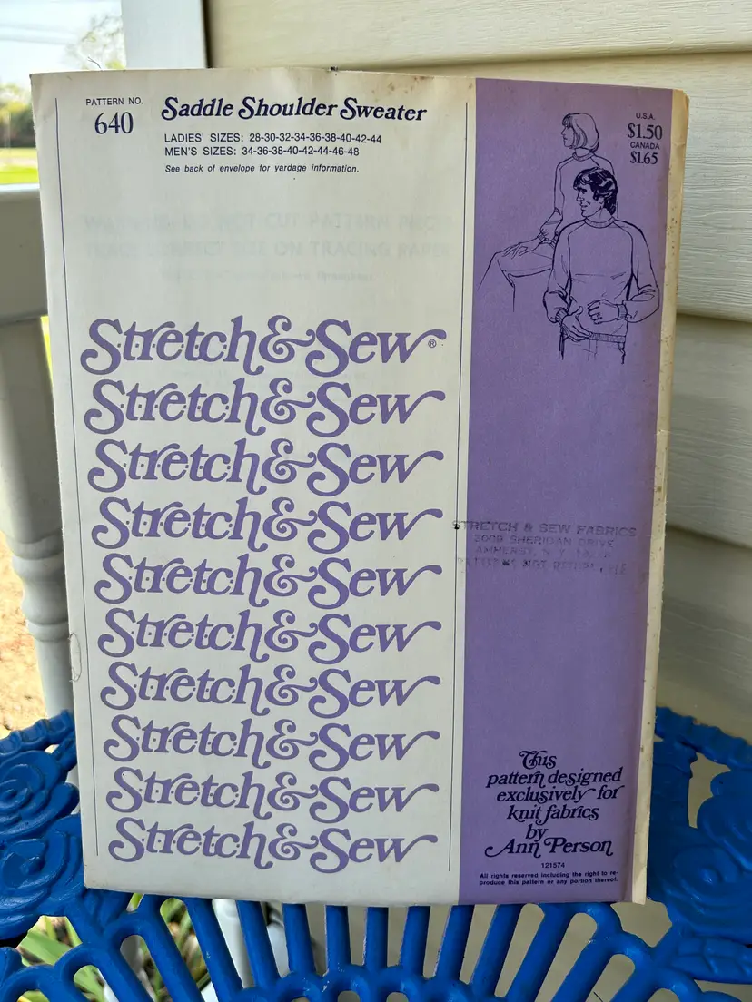 Vintage Stretch & Sew Sewing Pattern 640 Ladies Sizes 28-44 Men’s Sizes 34-48 Saddle Shoulder Sweater 1974