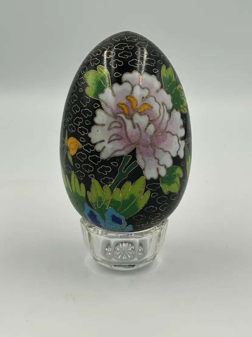 Vintage Black, Cloisonné Egg With Pink And Blue Floral Design, Gold Lattice Figurine