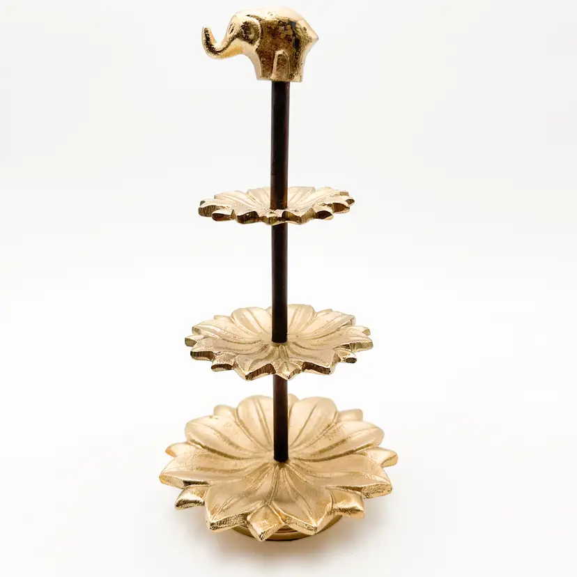 Elephant Topped World Market Metal Tiered Jewelry Trinket Stand 11"H x 6"W