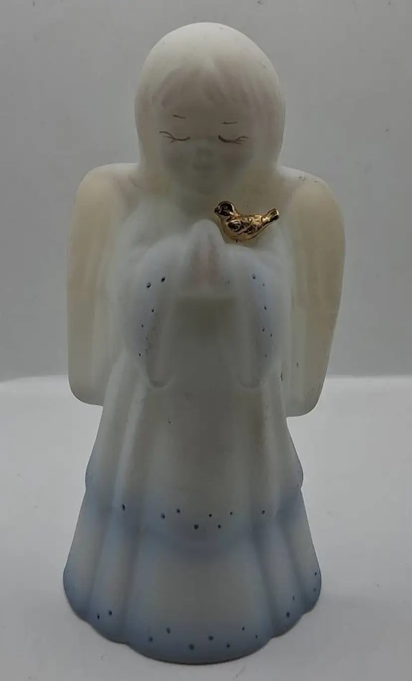 Vintage Fenton Glass Ivory Satin Angel w/Bird Hand Painted By Melissa Caplinger