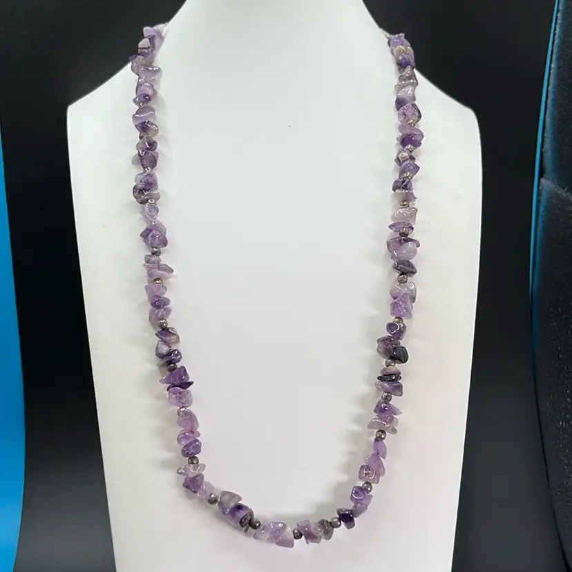 Amethyst Necklace, Silvertone, Barrel Clasp 26” Long