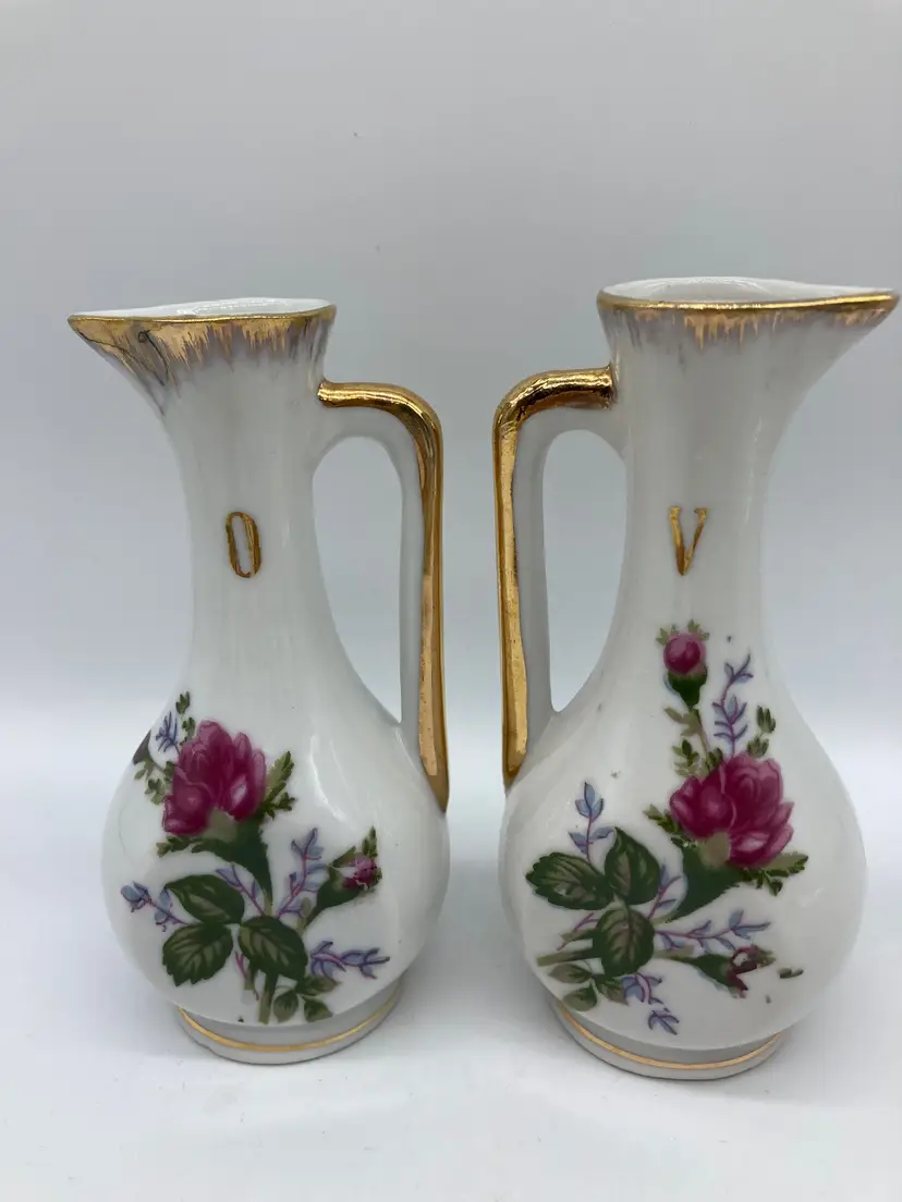 2 Small Floral Cruets for Oil and Vinegar
