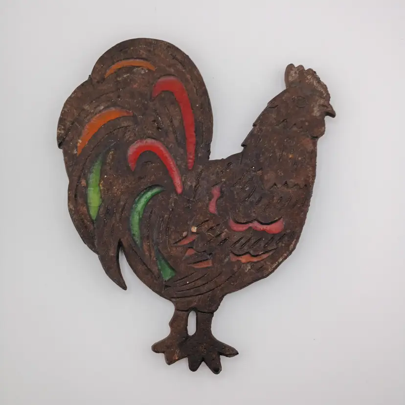 Glass and cast iron rooster trivet